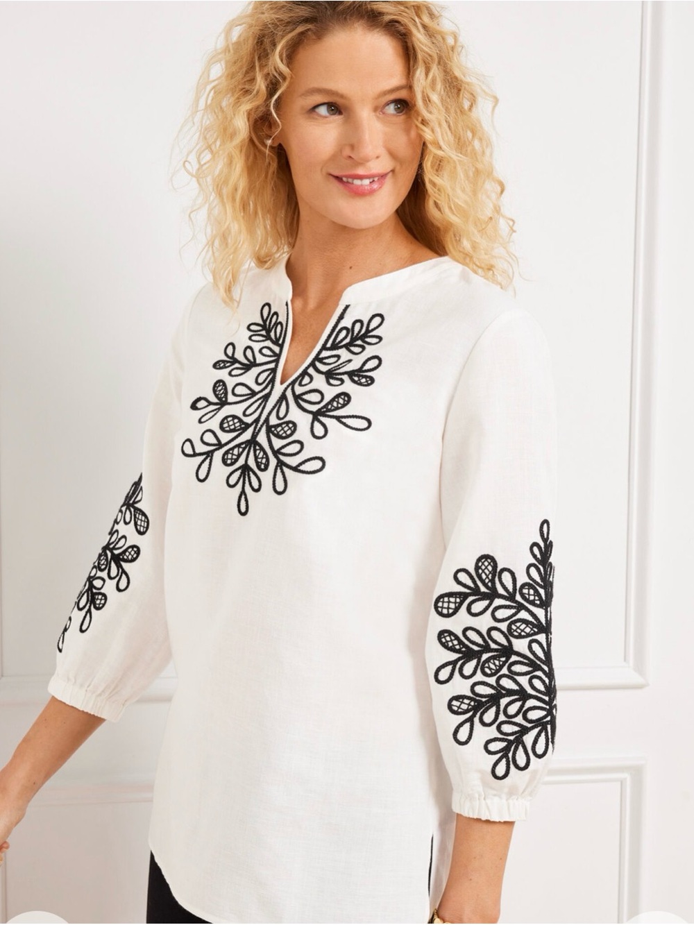 Talbots Embroidered Linen Cotton Tunic Size 1X, White/Black